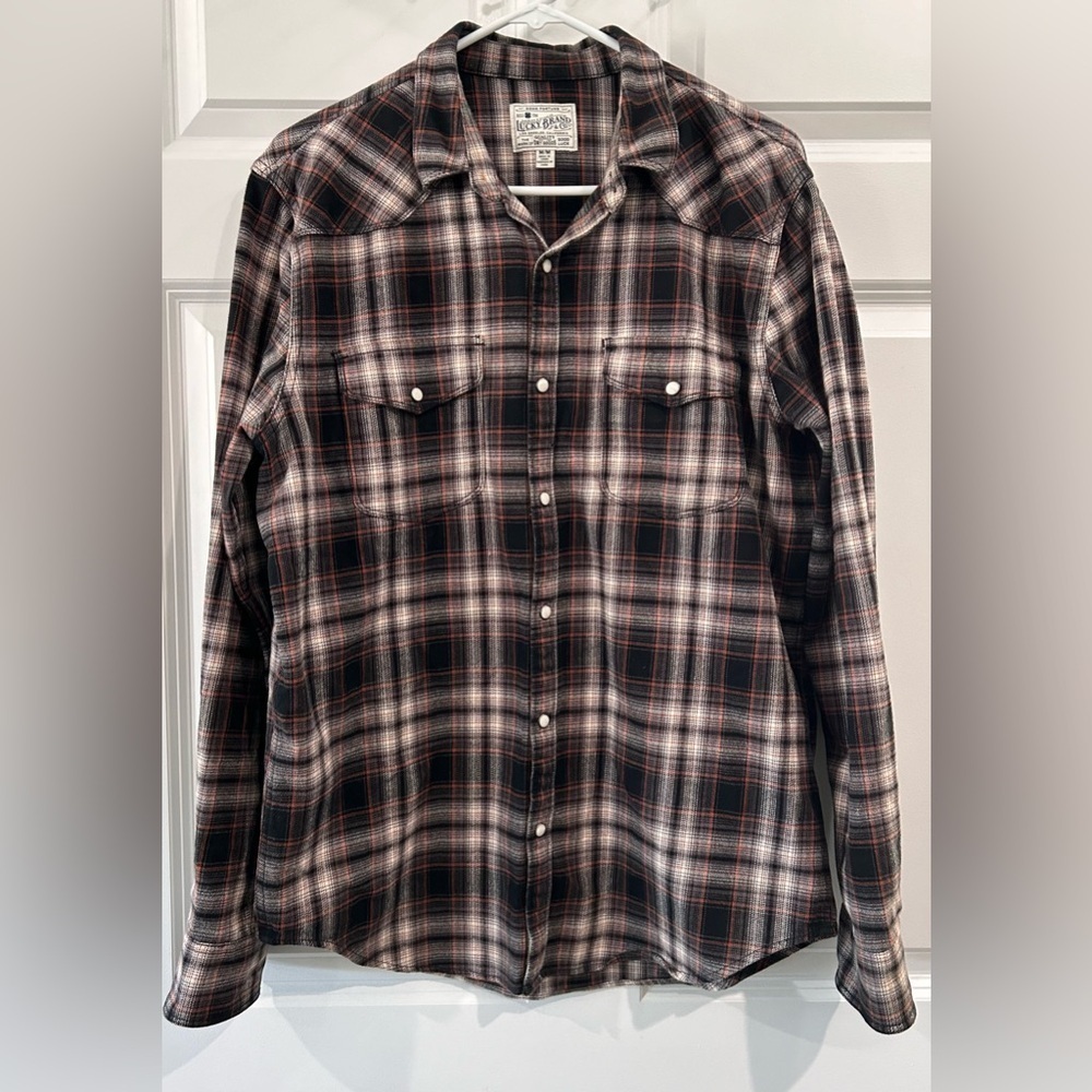 Banana Republic Western Button Down Pearl Snap Gray Plaid Shirt Men's Sz M Rodeo